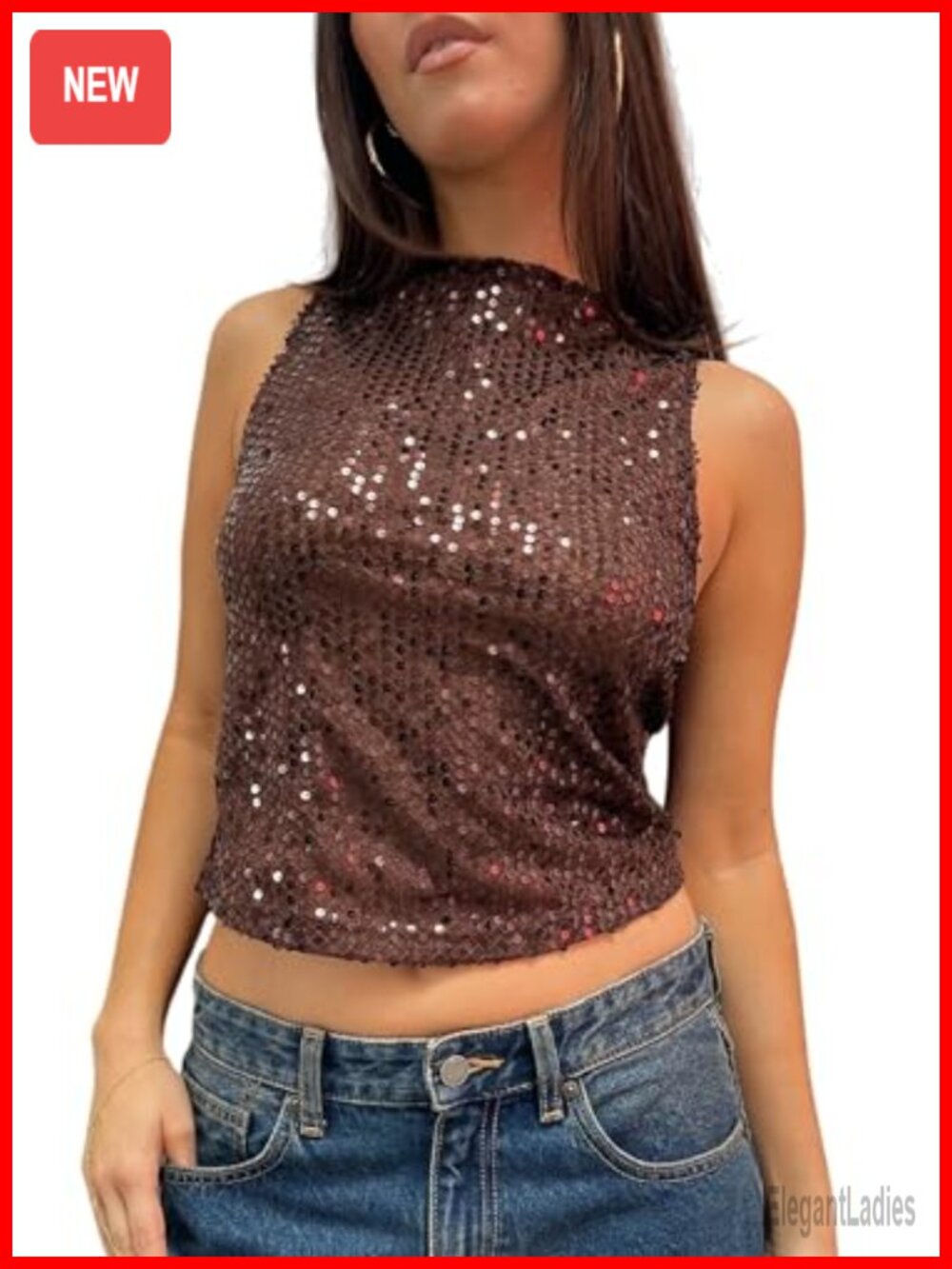Sparkly Sequin Tank Top Sleeveless Slim Fit Crew Neck Party Crop Top